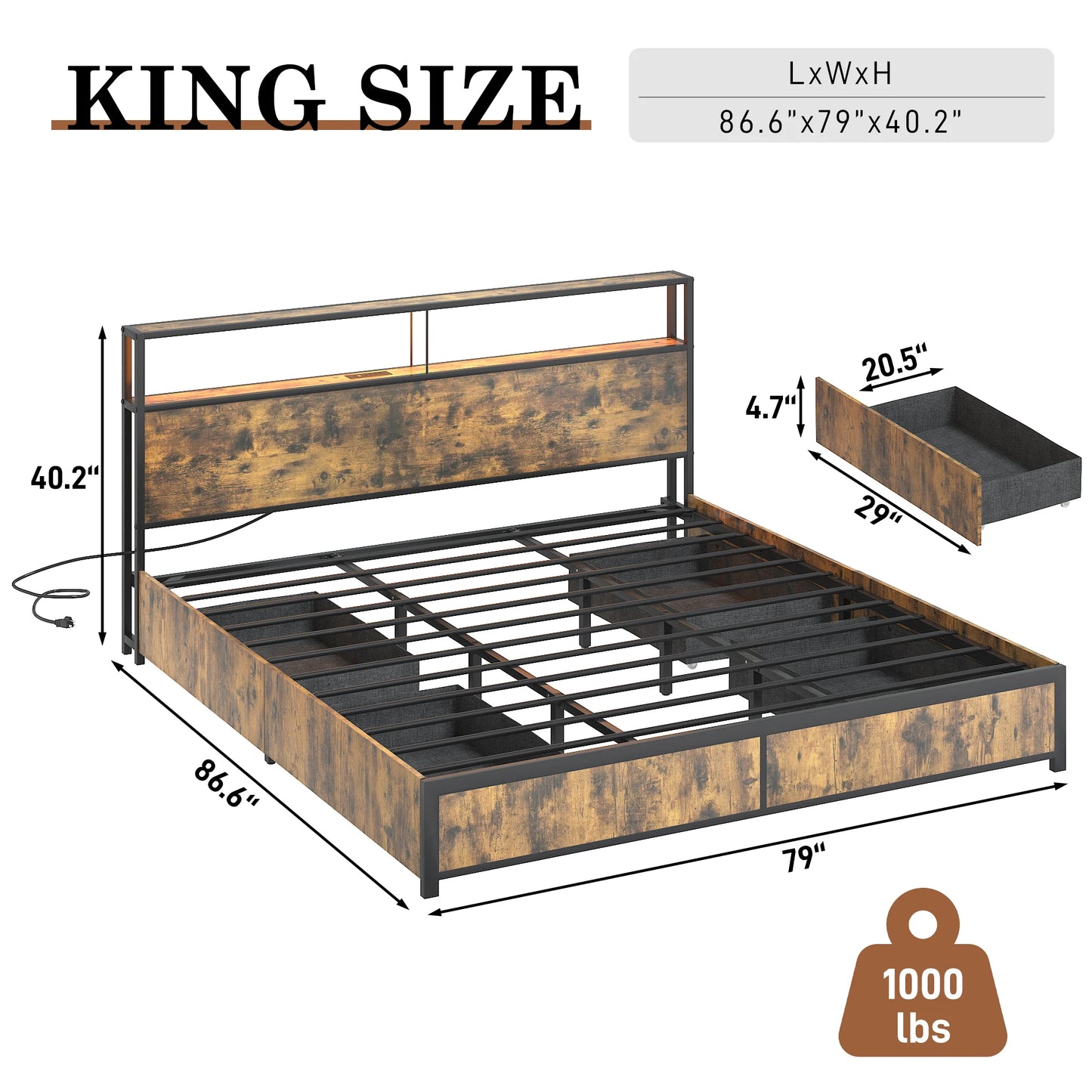 LED Bed Frame Full/QueenKing Size with 2 USB Ports and Outlets, Platform Metal Bed Frame with 4 Storage Drawers and Headboard