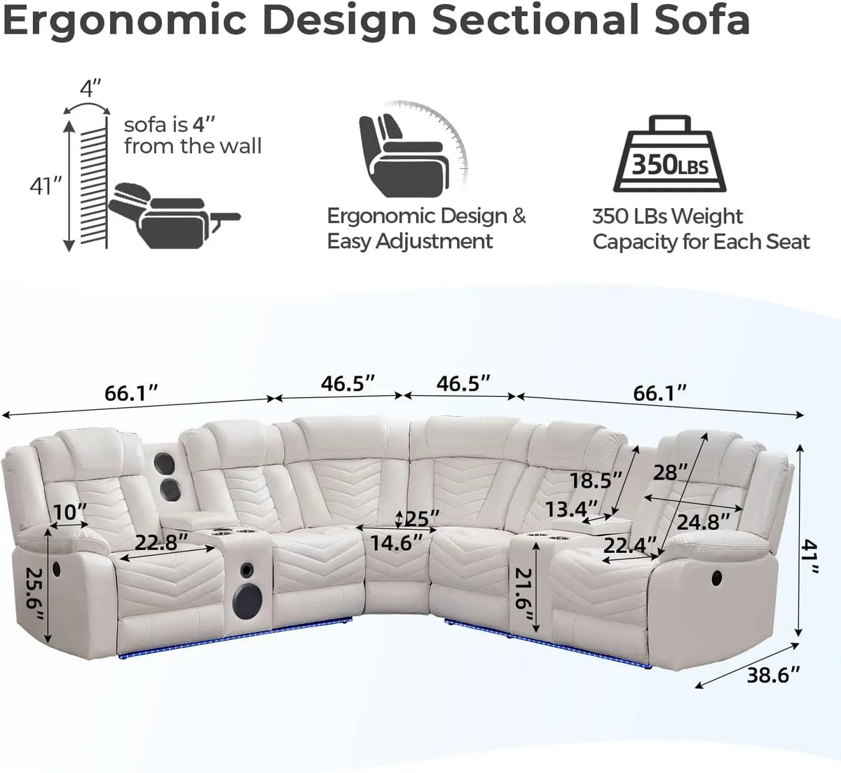 Electric Power Recliner Sectional Sofa With Bass Speakers & LED Lights – Faux Leather L-Shaped Corner Couches For Living Room