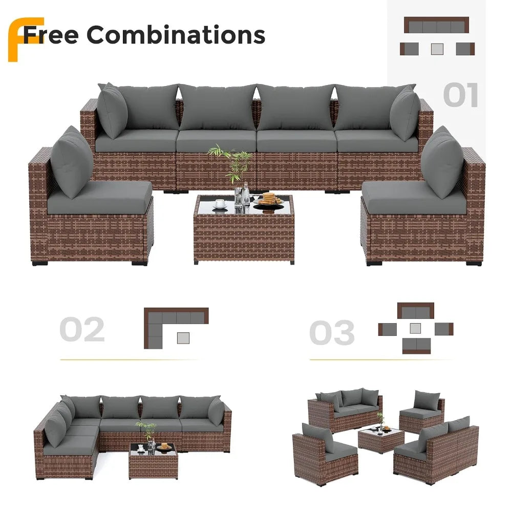 Furniture Set, 7 Piece Sectional Sofas with Wicker Coffee Table, Conversation for Garden, Backyard, Dark Grey, Customized