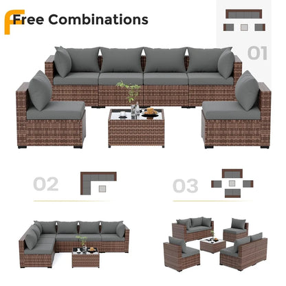 Furniture Set, 7 Piece Sectional Sofas with Wicker Coffee Table, Conversation for Garden, Backyard, Dark Grey, Customized