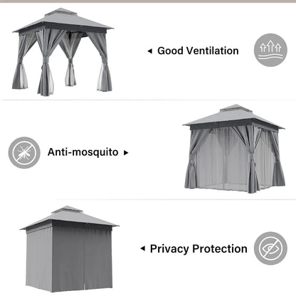 Outdoor Gazebo 8'x8' Heavy Duty Tent with Double Roofs, Mosquito Nettings Privacy Screens for Backyard Garden Deck, Customized