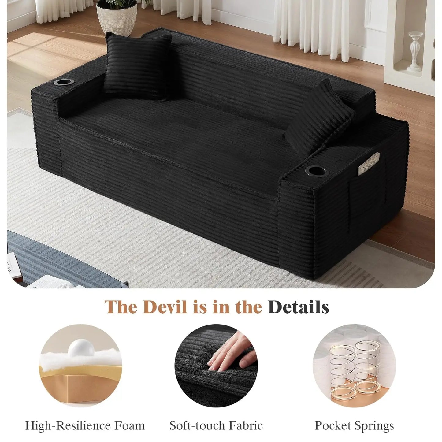 3 Seat Modular Deep Seat Sofa Set with Cup Holder & Side Pocket, Living Room Furniture, Black, Customized