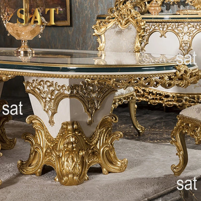 Upscale Royal Luxury Restaurant Furniture Set Custom Classical Wooden Gold Leaf Dining Table