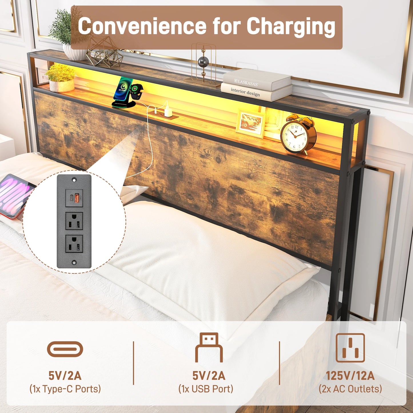 LED Bed Frame Full/QueenKing Size with 2 USB Ports and Outlets, Platform Metal Bed Frame with 4 Storage Drawers and Headboard