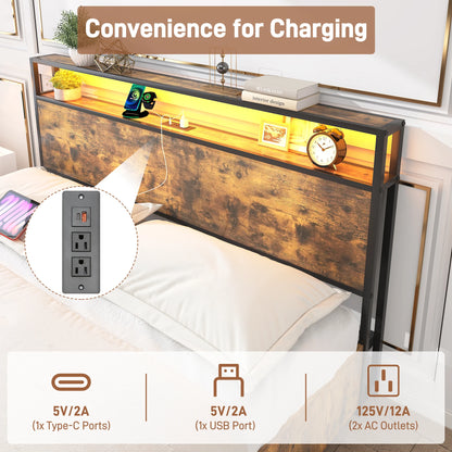 LED Bed Frame Full/QueenKing Size with 2 USB Ports and Outlets, Platform Metal Bed Frame with 4 Storage Drawers and Headboard