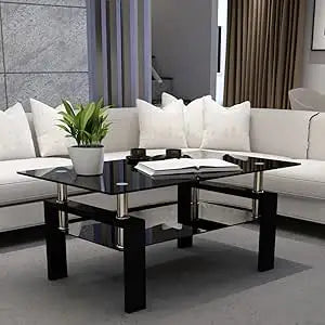 Clear Glass Coffee Table Metal Tube (All-Black)