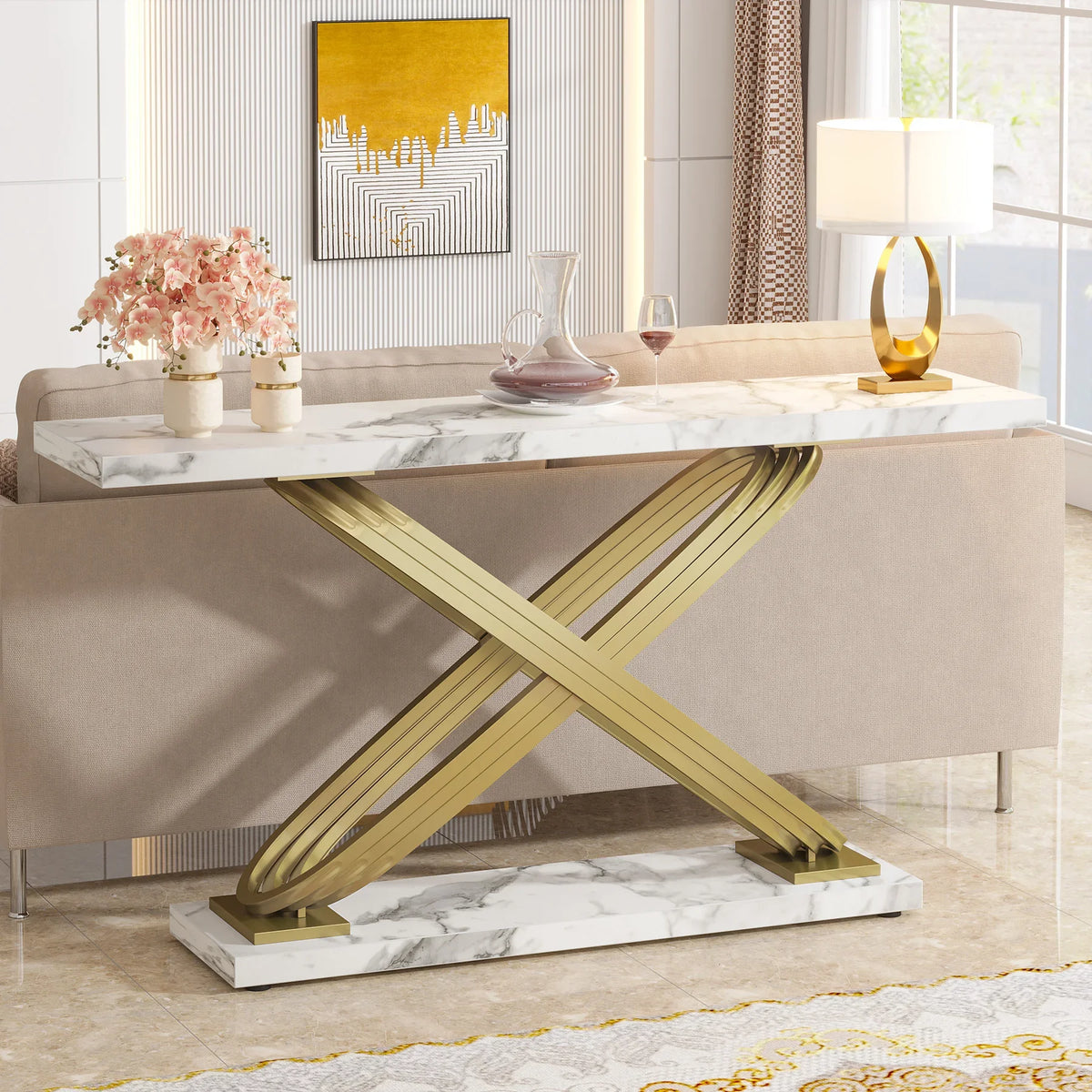 Tribesigns 55 Inch Modern Console Table, Faux Marble Gold Entryway Table Behind Sofa Couch, Narrow Rectangular Sofa Table