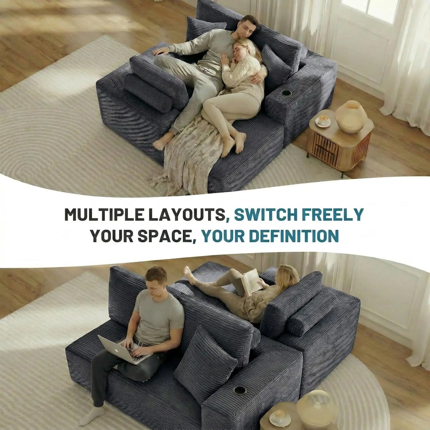 105" L Shaped Sectional Couch, Cloud Modular Boneless Sofa with 2 Cup Holders, Oversized Corduroy Floor Sofa with, Custom