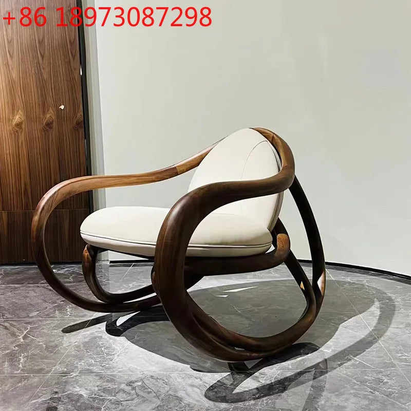 Rocking chair, solid wood balcony, living room, fiberglass casual leather sofa