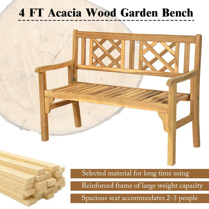 4 Ft Foldable Outdoor Bench, Acacia Wood Outside Loveseat with Curved Backrest and Armrest, 705Lbs Weight Capacity,, Customized