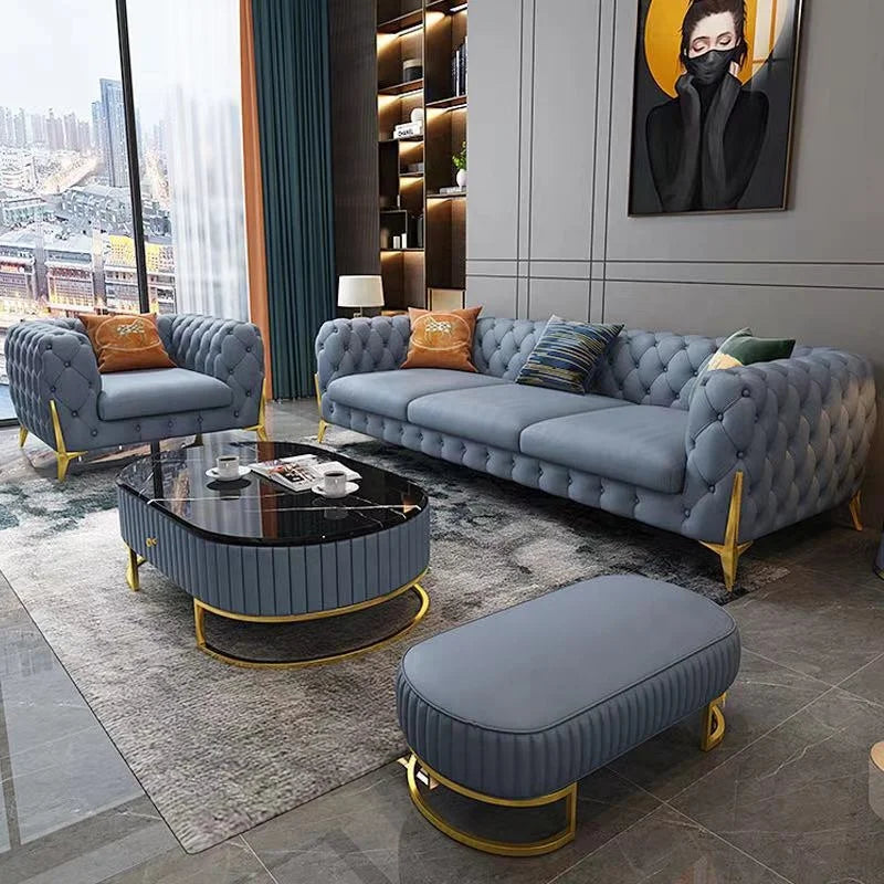 leather sofa setLight luxury sofa combination high-end living room furniture  Italian stainless steel modern art
