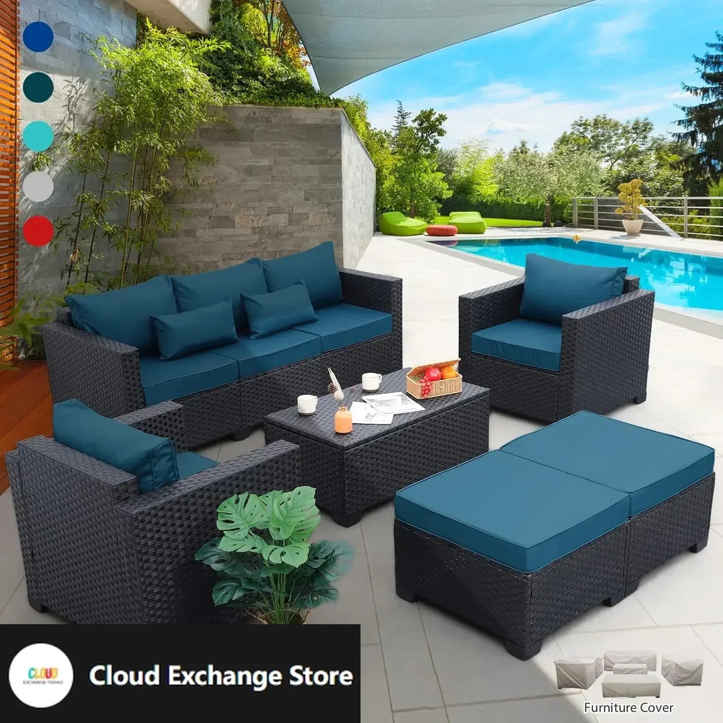Patio Furniture Set 6 Pieces Couch Outdoor Chairs Coffee Table Peacock Blue Anti-Slip Cushions and Waterproof Covers
