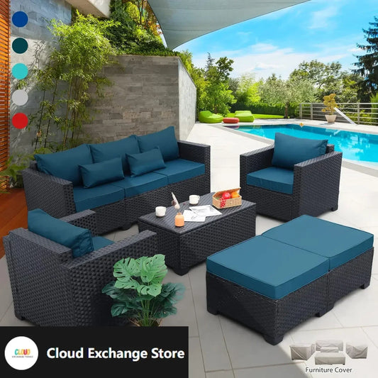 Patio Furniture Set 6 Pieces Couch Outdoor Chairs Coffee Table Peacock Blue Anti-Slip Cushions and Waterproof Covers