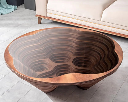 Table basse en bois en spirale avec plateau en verre, artisanale, moderne, pour salon, bureau, café, décoration, personnalisable