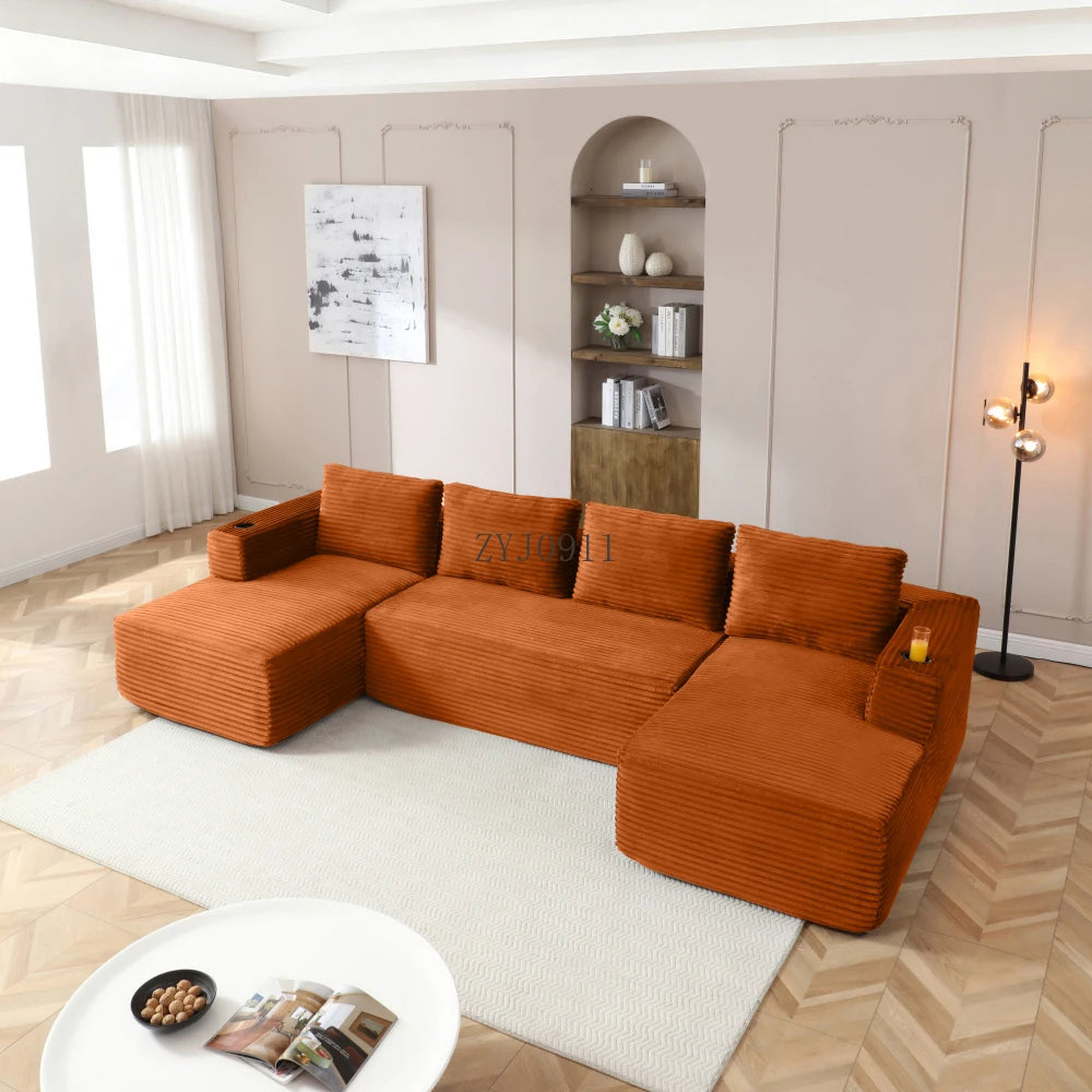 132-Inch boneless sofa, modern corduroy U-shaped modular section sofa, comfortable sofa with cup holder