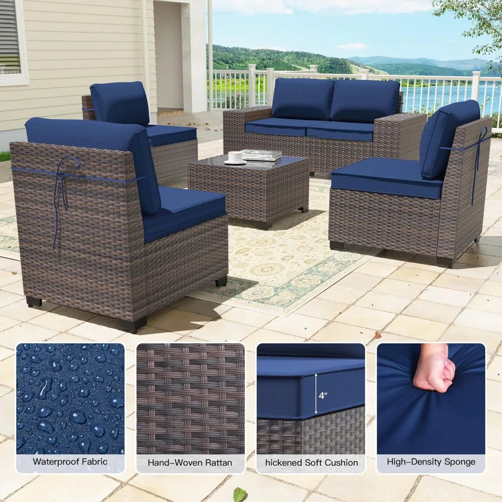 6-Piece Patio Furniture Set with Glass Top Tea Table, PE Rattan Wicker Conversation Set, Washable Cushions, Outdoor Patio