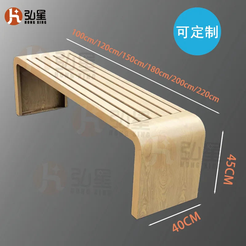 Banc carré en bois rayé et fer pour loisirs publics en plein air, jardin, cour, patio, salle de sport ou centre commercial, rangée de courses
