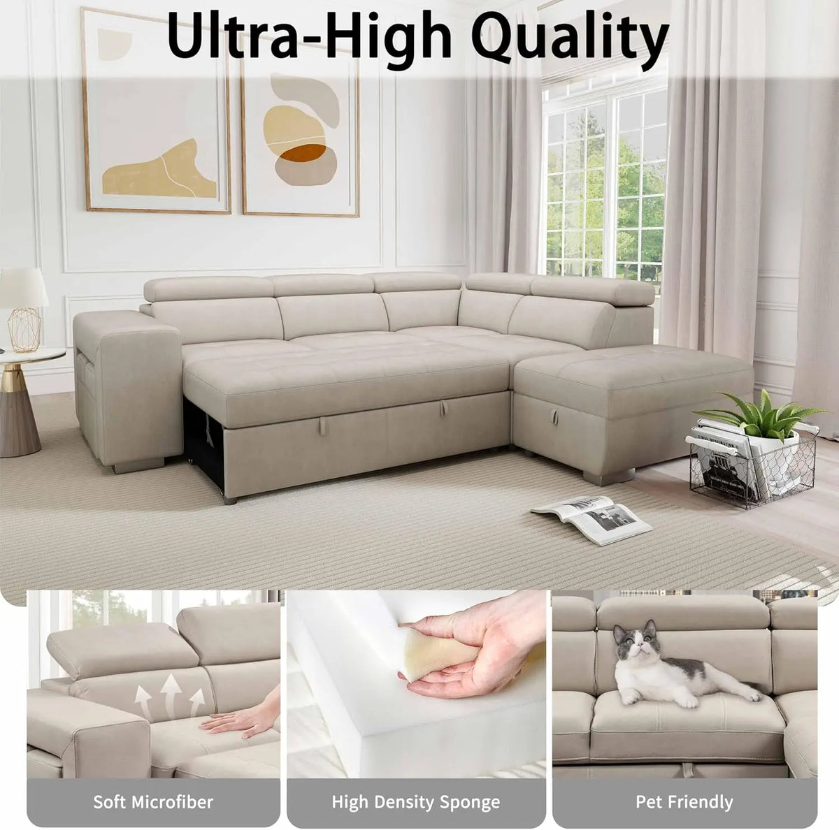 104'' Microfiber L Shaped Sectional Sleeper Sofa Couch with Pull Out Bed and Storage Ottoman, Convertible Couches