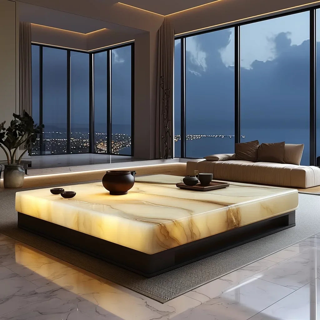 Large flat-layer luminous coffee table jade luxury stone square marble natural light luxury new Chinese Zen leisure area