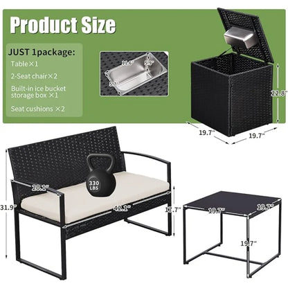 Outdoor Patio Furniture Set w/Built-in Beverage Cooler Storage Box & Coffee Table for Outside for Balcony