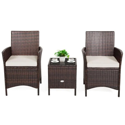 3 Pieces Patio Cushioned Rattan Converstaion Set With Glass Table Top