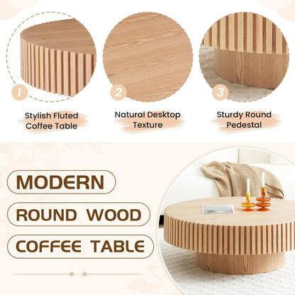 39.4" Oak Round Coffee Table Wood, Modern Drum Fluted Circle Coffee Table for Living Room, Contemporary Low Center Table Side Ta