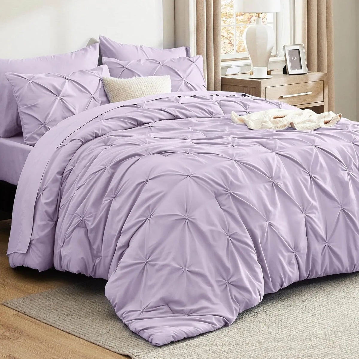 Full Comforter Set Light Purple Bed in a Bag Full Size 7 Pieces GentleSoft™ Pintuck Bed Set Gift for Family Pinch Pleat Light Pu