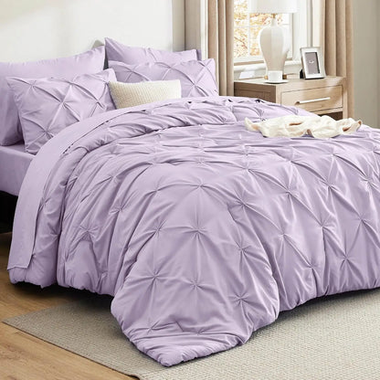 Full Comforter Set Light Purple Bed in a Bag Full Size 7 Pieces GentleSoft™ Pintuck Bed Set Gift for Family Pinch Pleat Light Pu