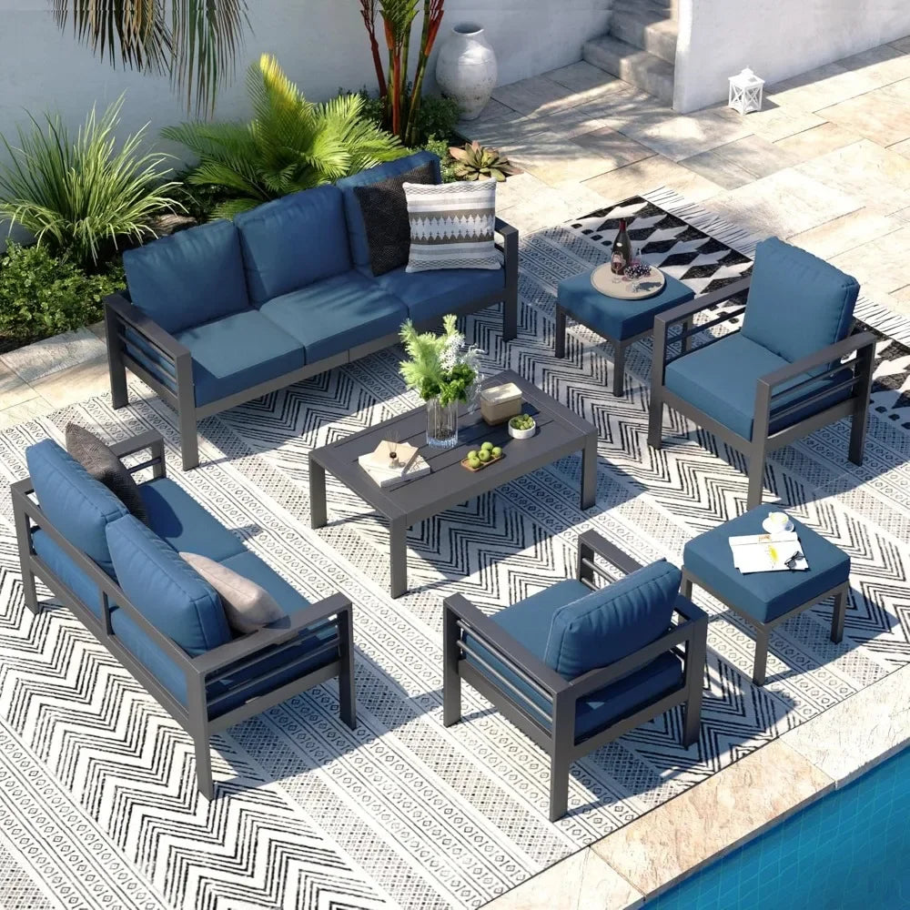 Aluminium modern patio furniture with coffee table, 7-piece outdoor conversation set, dark grey cushions, suitable for balcony