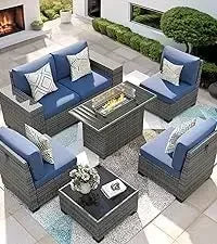 QAZ8-7 Piece Patio Furniture Set Fire Pit Table. Outdoor Conversation Sets Wicker Rattan Sectional Sofa with Coffee TSZ