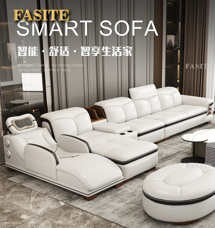 Smart Leather Sofa Massage for Left and Right Noblewomen, Cowhide Solid Wood Living Room Corner Small Unit