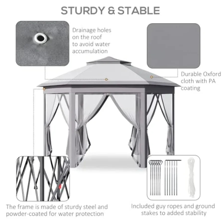 11' x 13' Pop Up Gazebo  Tent with Zippered Mesh Sidewalls and Carrying Bag Event Tent Shelter for Patio Garden Backyard Gray