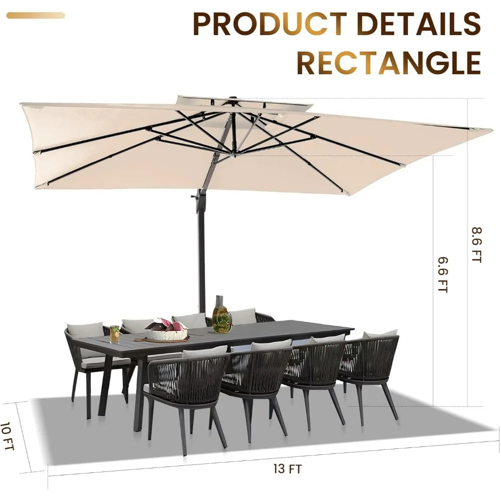 10 X 13 FT Cantilever Patio Umbrella Outdoor Heavy Duty Double Top Windproof Rectangle Offset Umbrellas with 360-degree Rotation