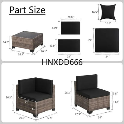 Brown Rattan Sectional Sofa Set with Cushions and Coffee Table for Outdoor Patio