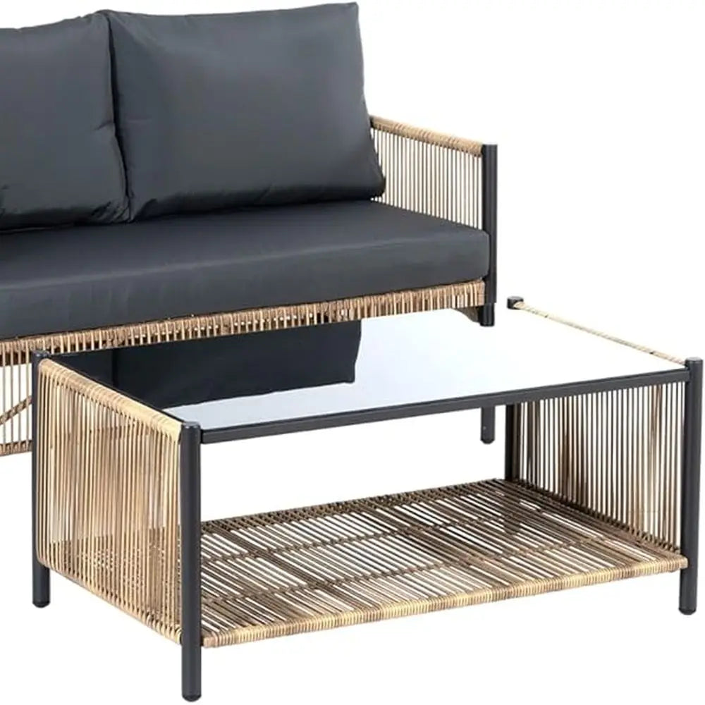 All-Weather Outdoor Wicker Sofa Set with Coffee Table and Cushions, Suitable for Patio, Garden, Backyard, Brown & Grey