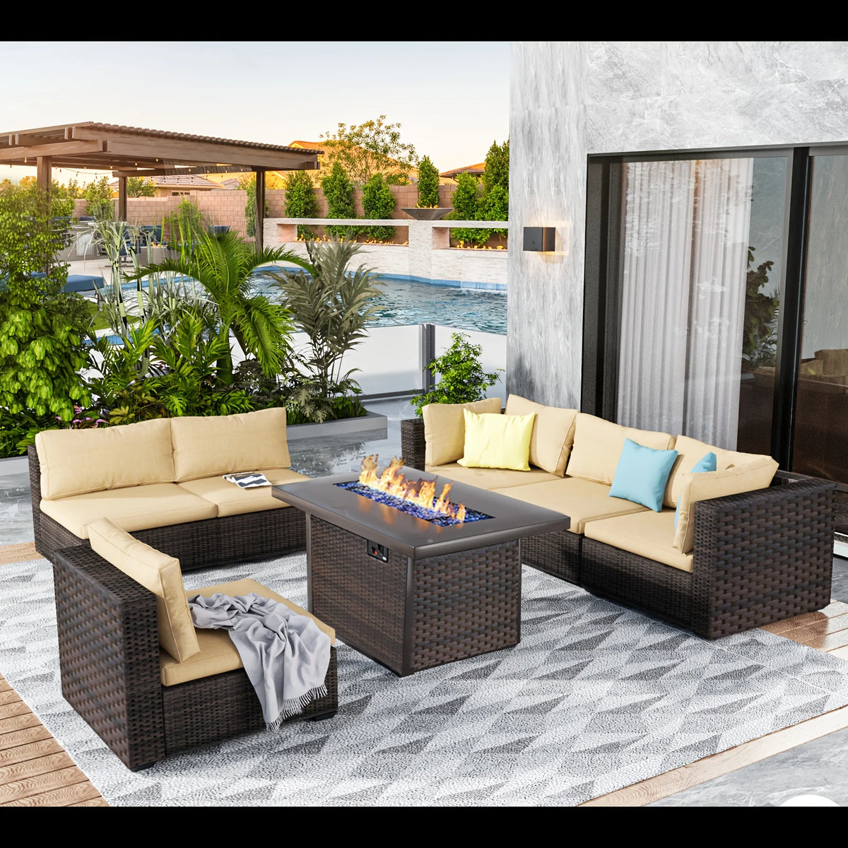 7 Pieces Outdoor Sectional Patio Furniture Set With Fire Pit Table Rattan Wicker Patio Sectional Conversation Set With Cushions