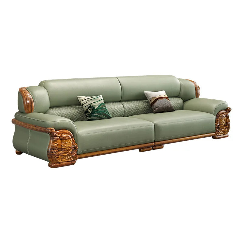 European ebony leather sofa large apartment luxury villa home living room new Chinese furniture solid wood carved fish