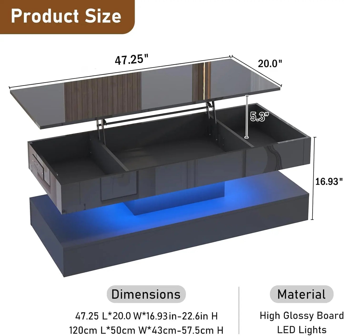 47.2' Lift Top Coffee Table, Modern LED Storage Table, Black for Living Room, Dining Room, Bedroom, Home Office