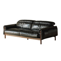 LH black walnut leather sofa living room small apartment retro solid wood leather art sofa
