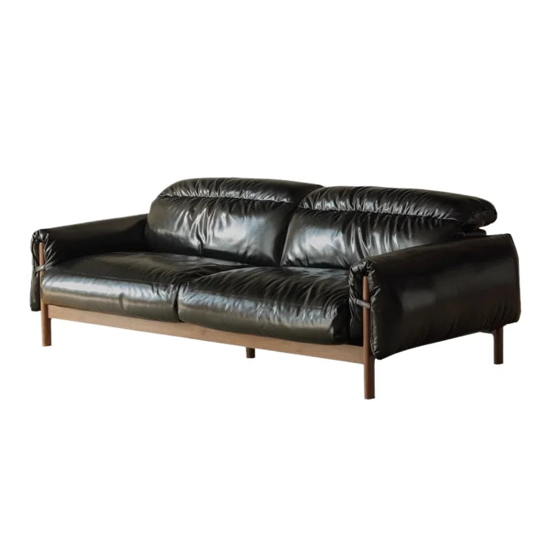 LH black walnut leather sofa living room small apartment retro solid wood leather art sofa