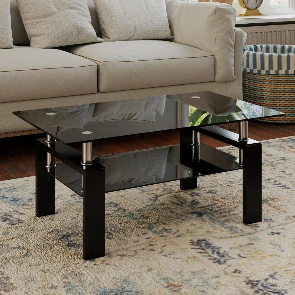 Clear Glass Coffee Table Metal Tube (All-Black)