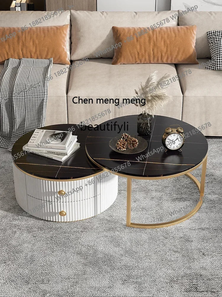 Rock slab coffee table round light luxury TV cabinet combination living room household marble size round