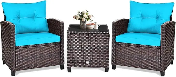 3 Piece Patio Furniture Set, Outdoor Conversation Set with Washable Cushions & Tempered Glass Tabletop, PE Rattan Wicker Bistro