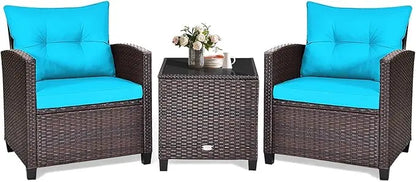 3 Piece Patio Furniture Set, Outdoor Conversation Set with Washable Cushions & Tempered Glass Tabletop, PE Rattan Wicker Bistro