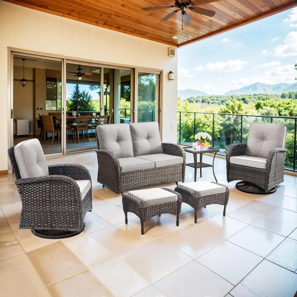 Hot Sale.Brown,6 Pieces Wicker Patio Conversation Sets with Outdoor Swivel Rocker Chairs and Loveseat Glider Chair-NEW