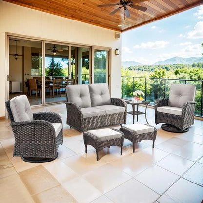 Hot Sale.Brown,6 Pieces Wicker Patio Conversation Sets with Outdoor Swivel Rocker Chairs and Loveseat Glider Chair-NEW
