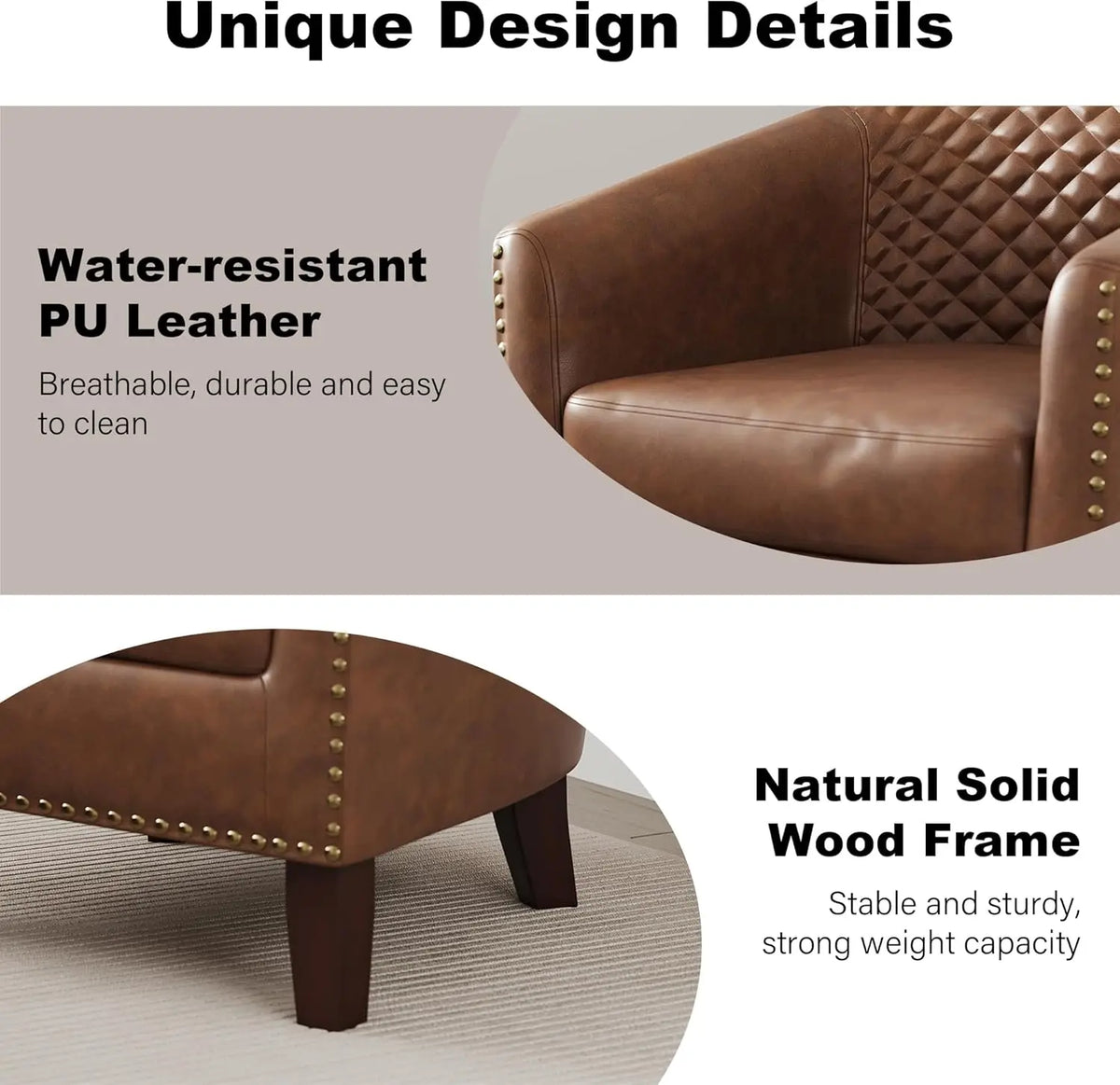 Upholstered Faux Leather Club Chair with Nailed Trim, Comfortable Reading Armchair for Living Room and Bedroom Reception