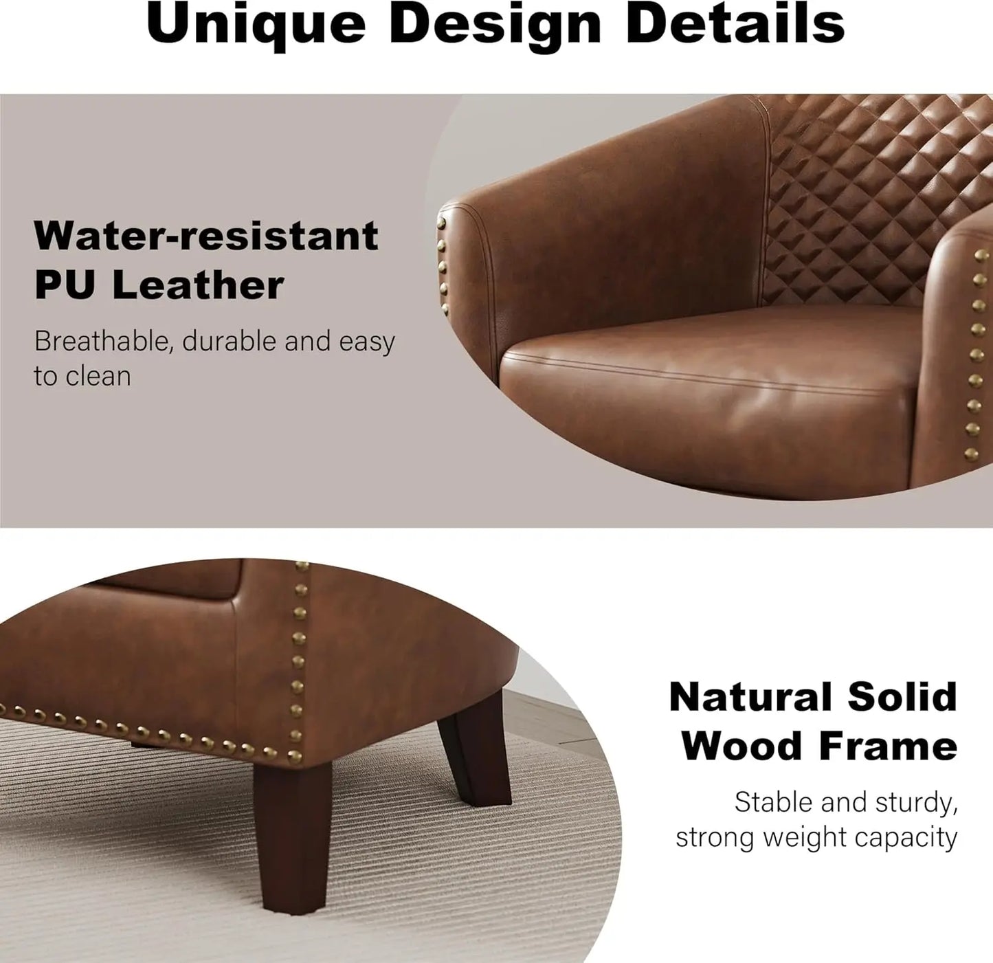 Upholstered Faux Leather Club Chair with Nailed Trim, Comfortable Reading Armchair for Living Room and Bedroom Reception