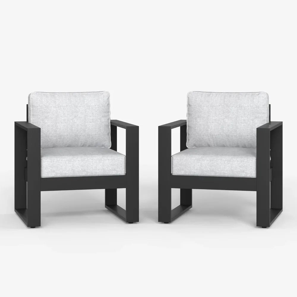 Outdoor Patio Aluminum Chair Modern Metal Armchair Set of 2 with Washable Thick Cushions
