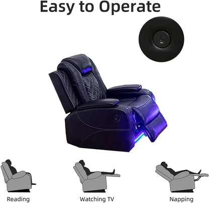 Power Recliner Sofa Set, Black Leather 3 Pieces Sectional Couch, Living Room Furniture Sets with LED Light, Modern Power